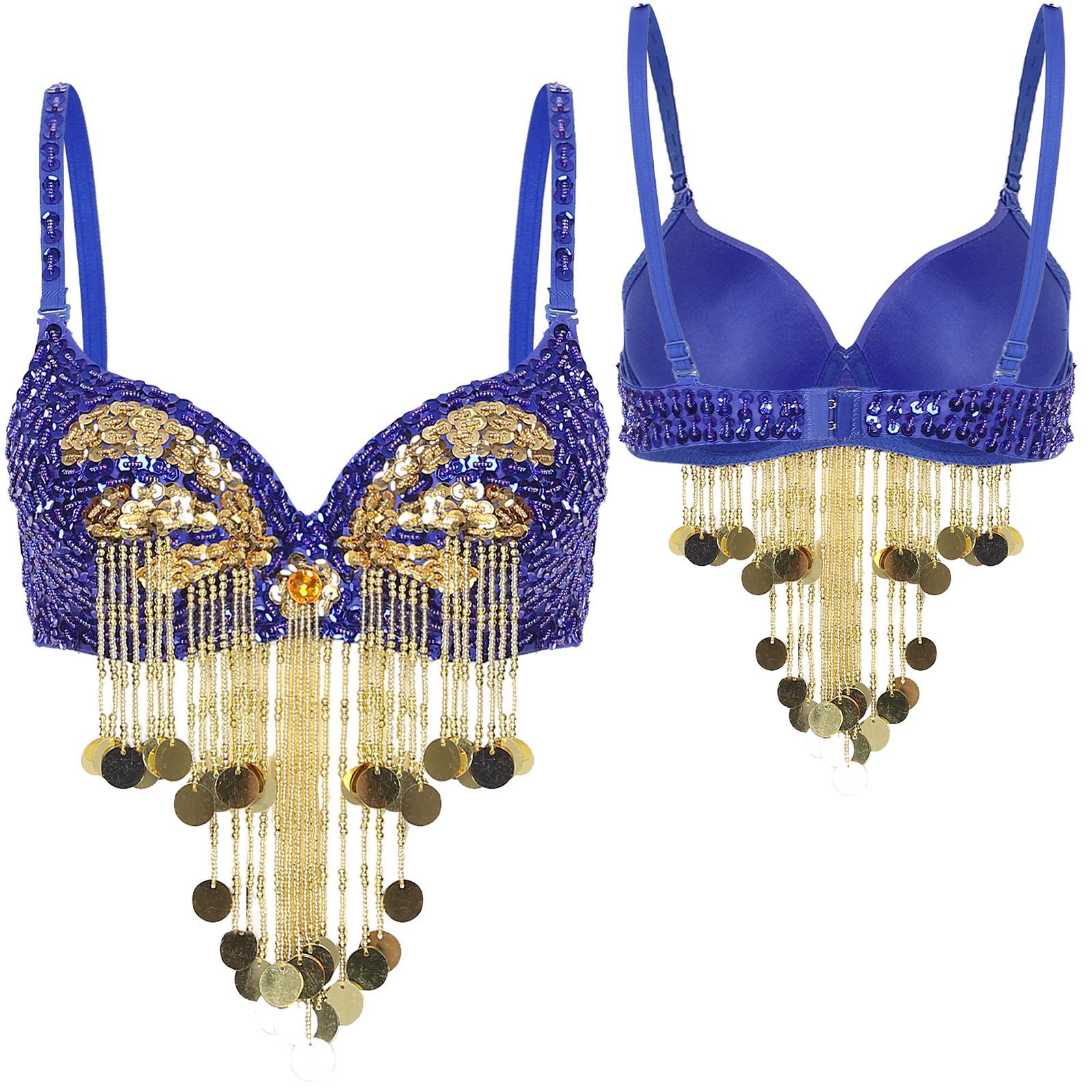 Damen-Tanzkostüm für Musikfestivals und Clubs, glänzende Bauchtanz-BH-Tops mit Quaste und Pailletten, Kostüm, Karnevals-Outfit, Tanzbekleidung One Size königsblau