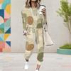 Women Plus Size Black Red Printed Round Neck Long Sleeve Cuffed Two Piece Pants Set With Pockets