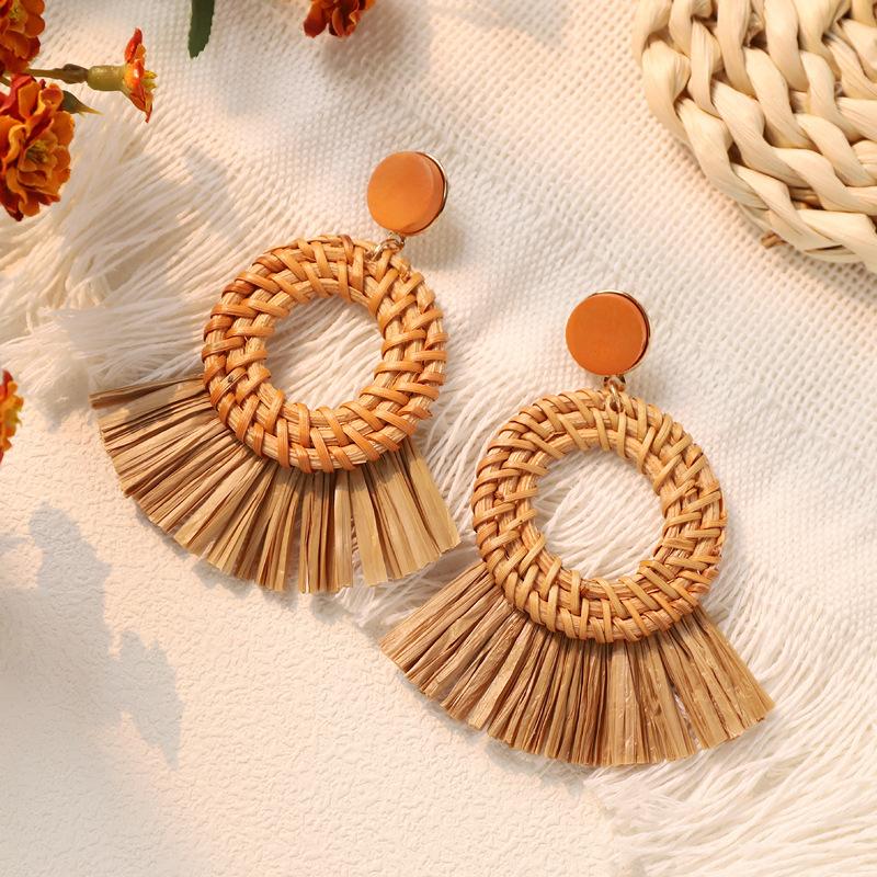 Vintage Grass Rattan Raffia Fringed Earrings Exaggerated Personality Bohemian Vacation Style Earrings Beach Earrings Women