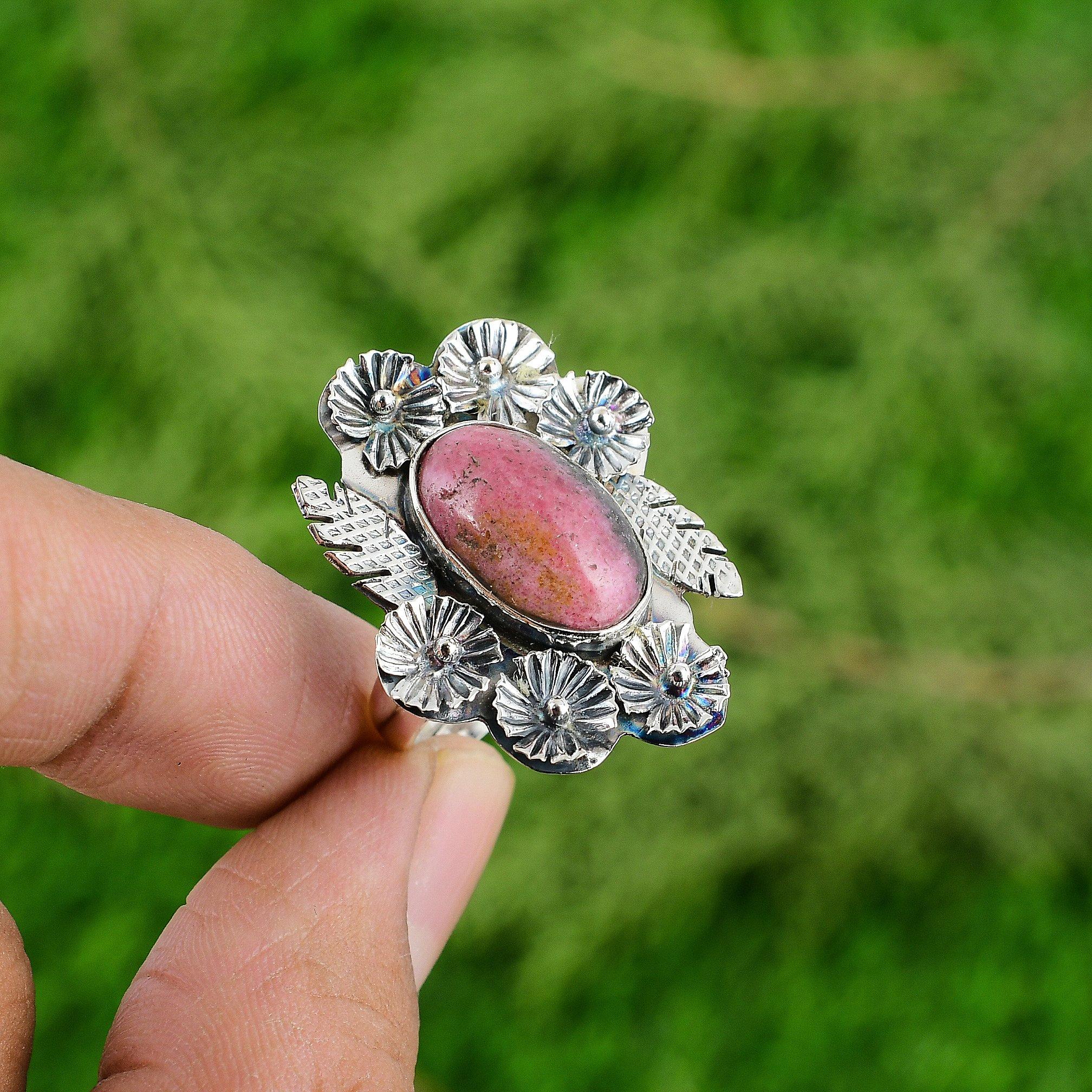 

Wedding Gift For Her 925 Silver Natural Rhodonite Promise Flower Adjustable Ring Adjustable