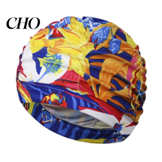 Soft Swim Cap Cloth Swimming Pool for Women, Breathable Colorful Ruffle Women Cap, Elastic Ear Protection Short Long Hair Bathing Hat Fashion Print