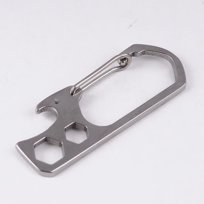 Stainless Steel Multi-Function Carabiner Keychain with Bottle Opener and Hex Wrench for Outdoor Camping.
