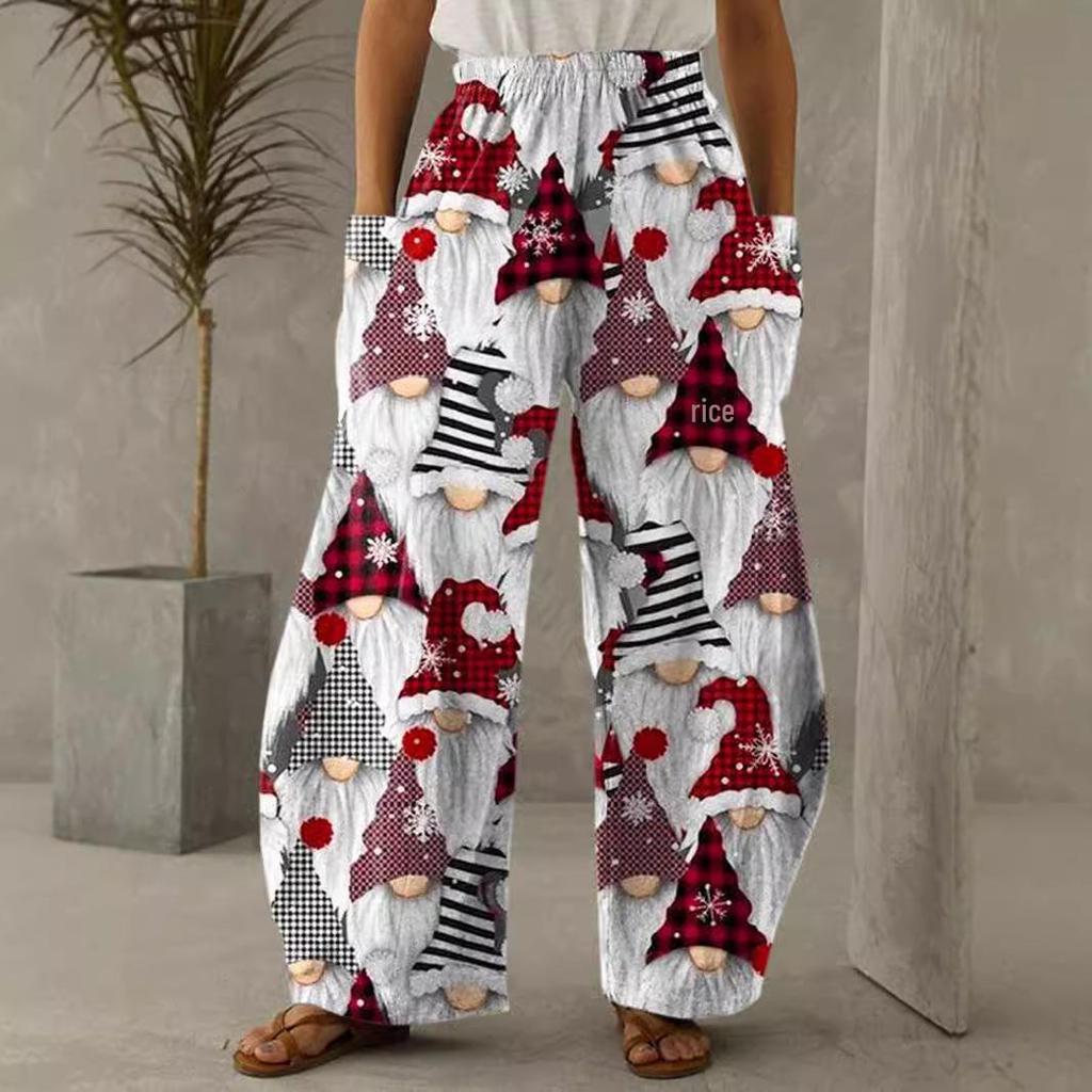 2024 Hose mit weitem Bein und hoher Taille im Weihnachts-Print und elastischem Bund im dünnen Stil