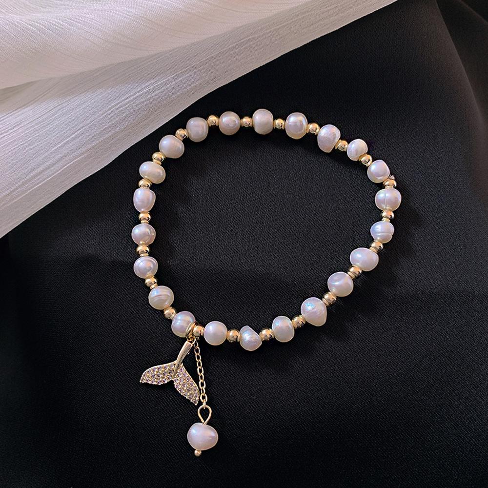 Fashion Jewelry Women Temperament Crystal Pendant Whale Fishtail Bracelets Beads Pearl Bangles