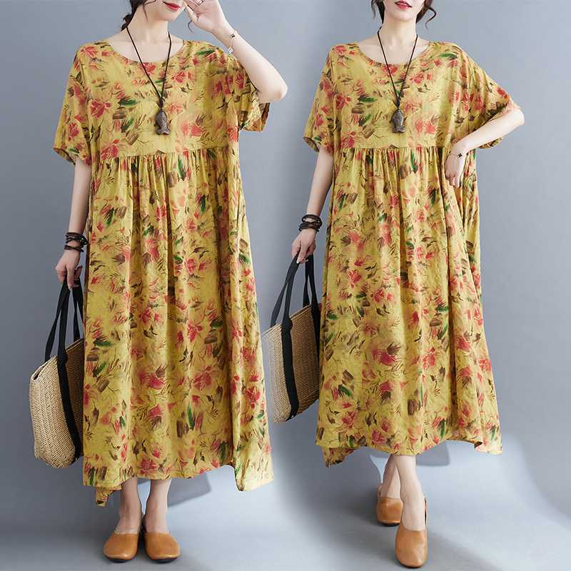 Loose and Thin Retro Swing Round Neck Short Sleeve Long Dresses