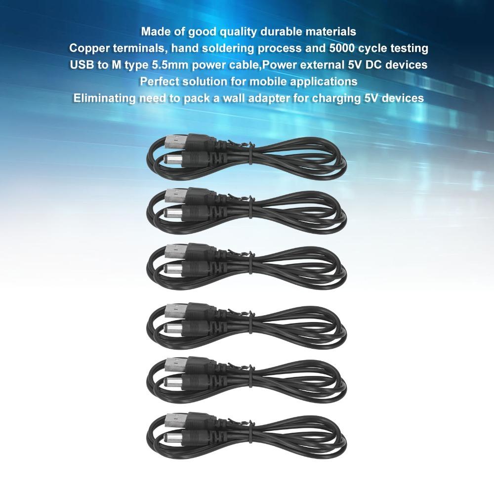 6Pcs 5V USB to DC Power Cable USB 2.0 A Male 5.5x2.1mm Jack DC Connector Power Cable Hand Soldering Process 3.3ft