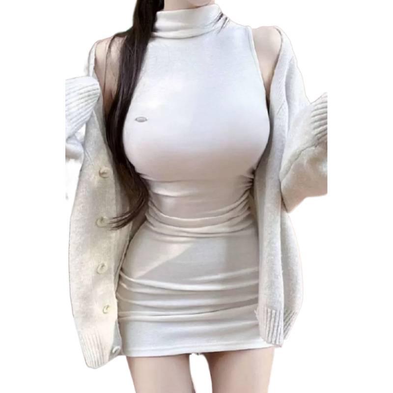 Korean High-End Women's Sexy Sleeveless High-Neck Bodycon Dress