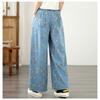 DIMANAF 2026 Summer New Plus Size Women Jeans Print Floral Elastic Waist Long Pants Loose Casual Denim Cotton Trousers Pants