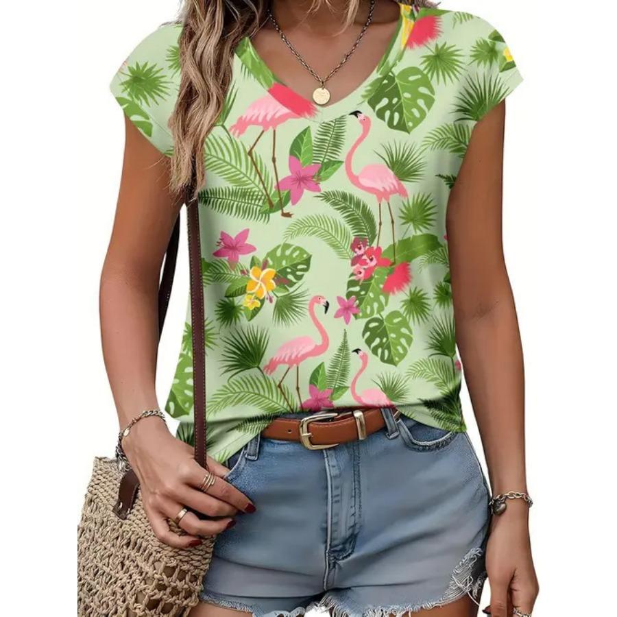 Camiseta vintage para mujer con estampado floral, manga corta, cuello en V, tops cómodos