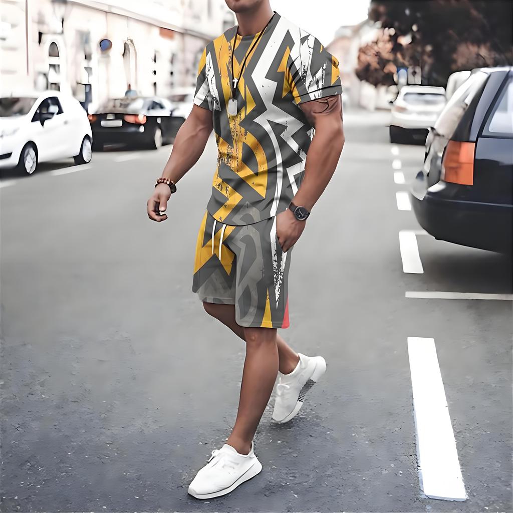 Irregular Graphic Print Short Sleeve Top Drawstring Shorts 2-piece Set 2026 Plus Size Loose Men's T-shirt Clothing Pocket Shorts