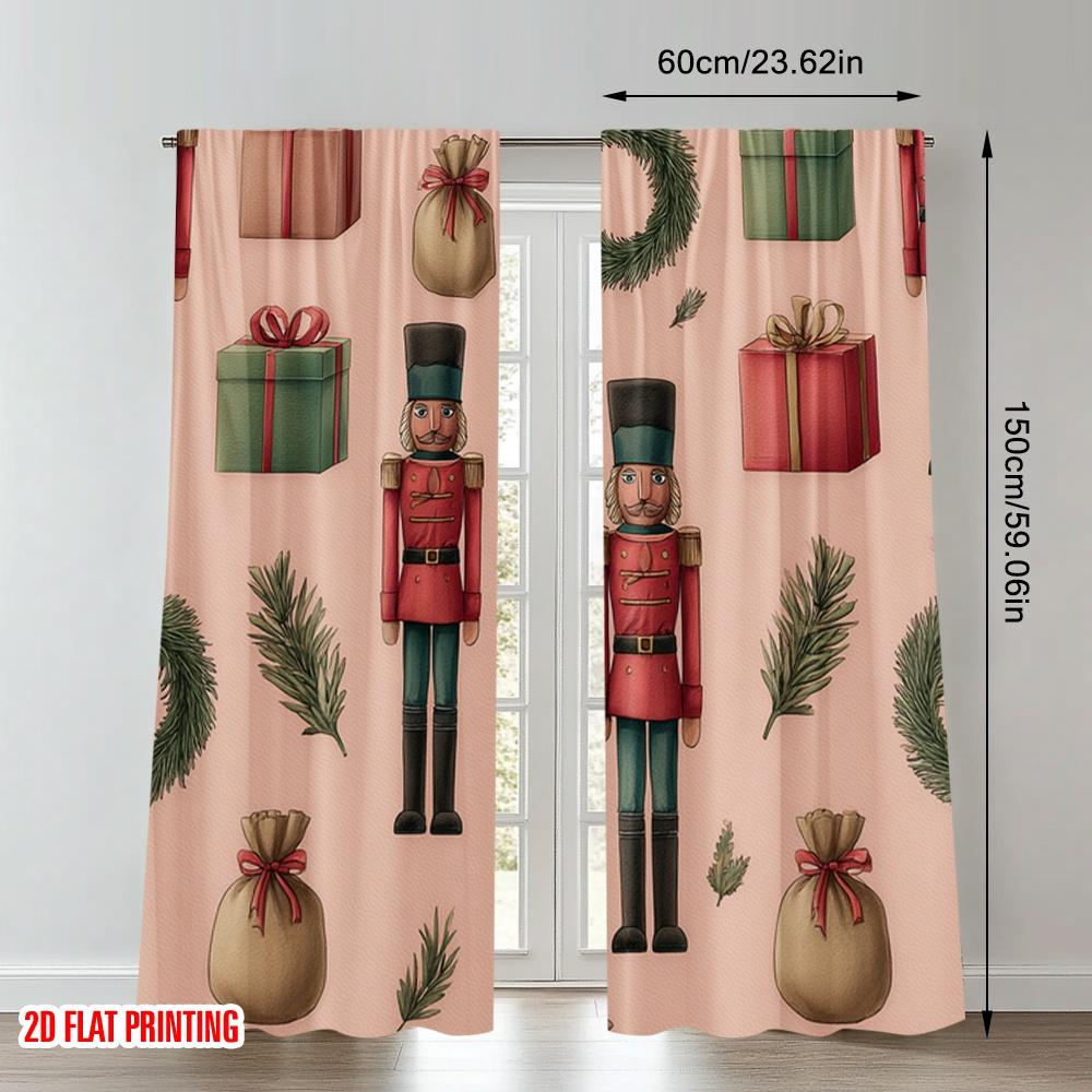 2pcs 2D flat printing Christmas Curtains Christmas Nutcracker Gift Wreath Digital Printed Polyester Drapes Family Party Use for