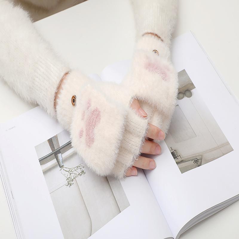 New Kawaii Women Warm Cat Gloves Fashion Girls Cat Claw Paw Plush Mittens Soft Plush Short Fingerless Half Finger Winter Gloves