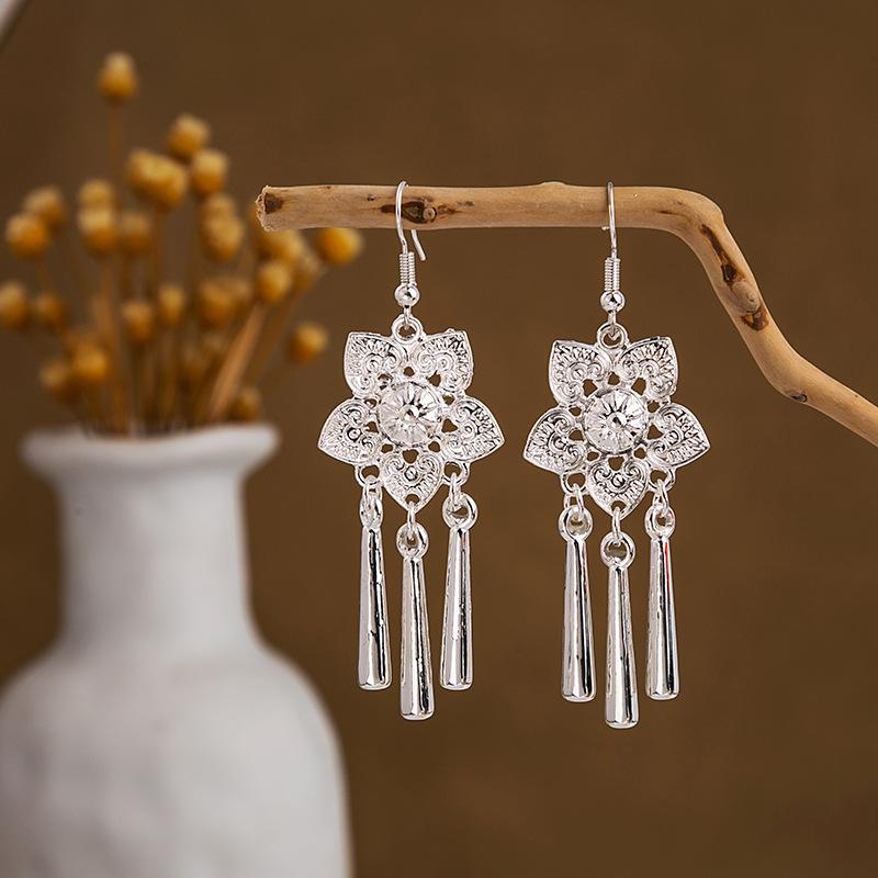Ethnic style imitation Miao silver earrings, retro long tassel earrings, attractions, ancient style earrings, Miao earrings, women