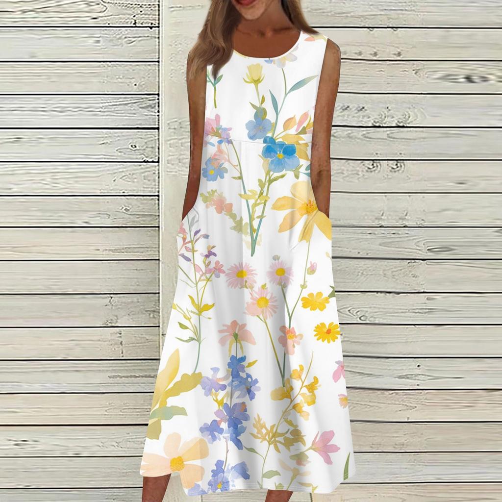 Lässige bedruckte Damenkleider mit Rundhalsausschnitt, Basic, klassisch, für den Alltag, ärmellos, lockere Kleider