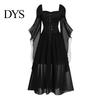 Wave Collar Dress Vinatge Women Irregular Horn Sleeve Solid Color A-line Big Hem Slim Square Neckline Waist Pleated Lace-up Strap Medieval Halloween