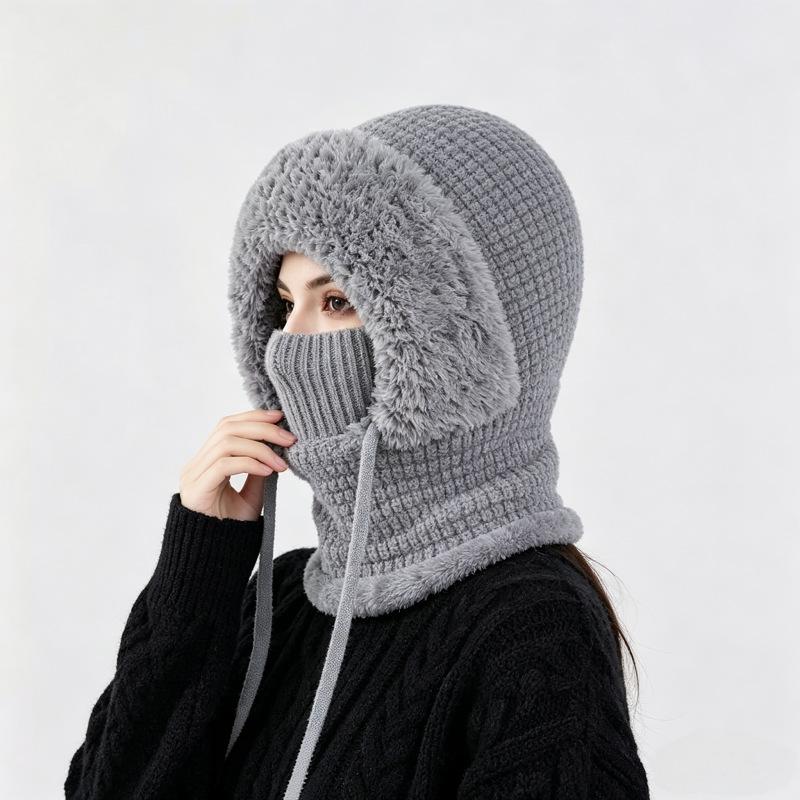 Winter Warm Ear Protection One-piece Hat Women's Scarf One-piece Knitted Hat Fleece Thickened Ski Wool Hat