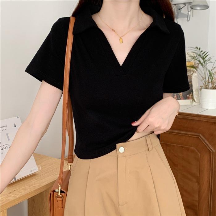 Special Cotton Elastane Polo Short-sleeved T-shirt Women's Summer Slim V-neck Solid Color Short Sweet and Spicy Top