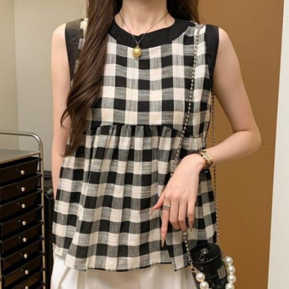 Navava Women Thin Check Pattern Sleeveless Blouse Nb2755