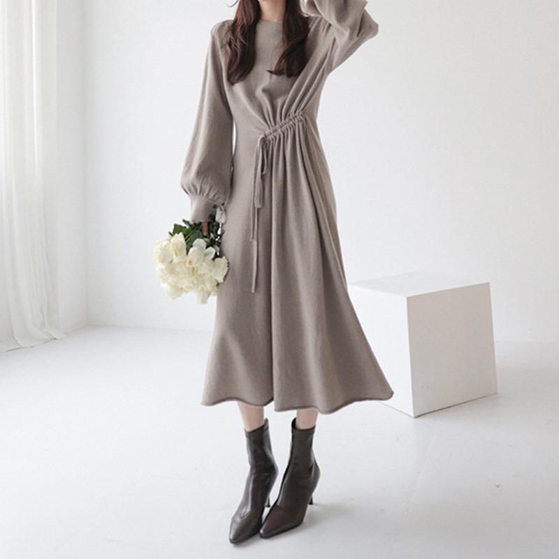 Royal sister style round neck temperament with coat base knitted dress women's autumn and winter new lace-up and thin skirt