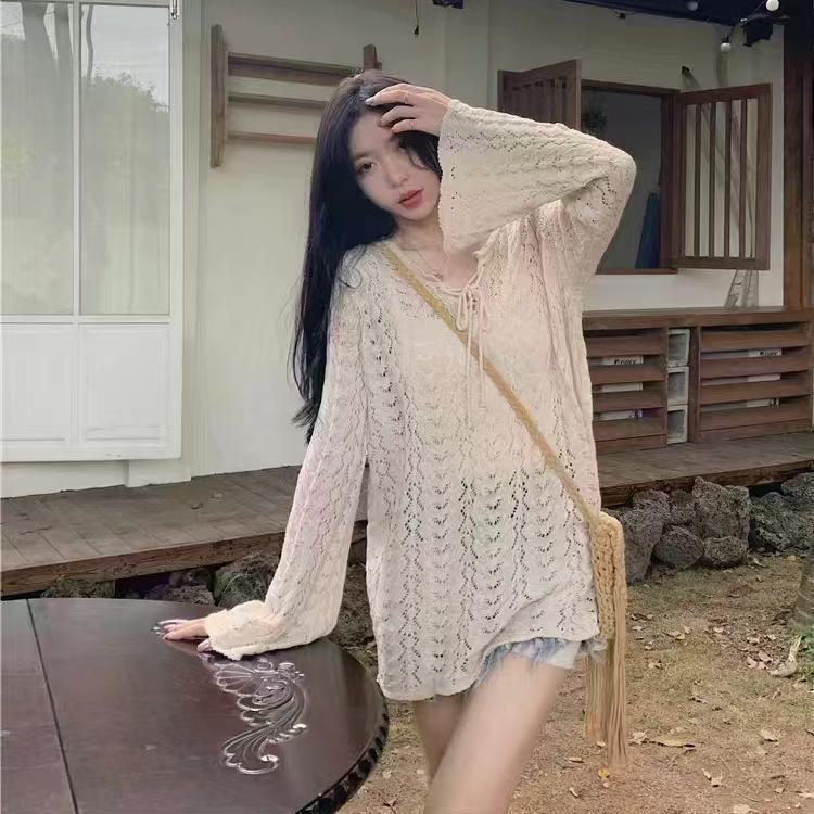 

Летняя атмосфера крючком ажурный солнцезащитный вязаный свитер женский свободный и тонкий блузка на шнуровке топ с длинным рукавом тонкий женский Average size 53-204 абрикосовый