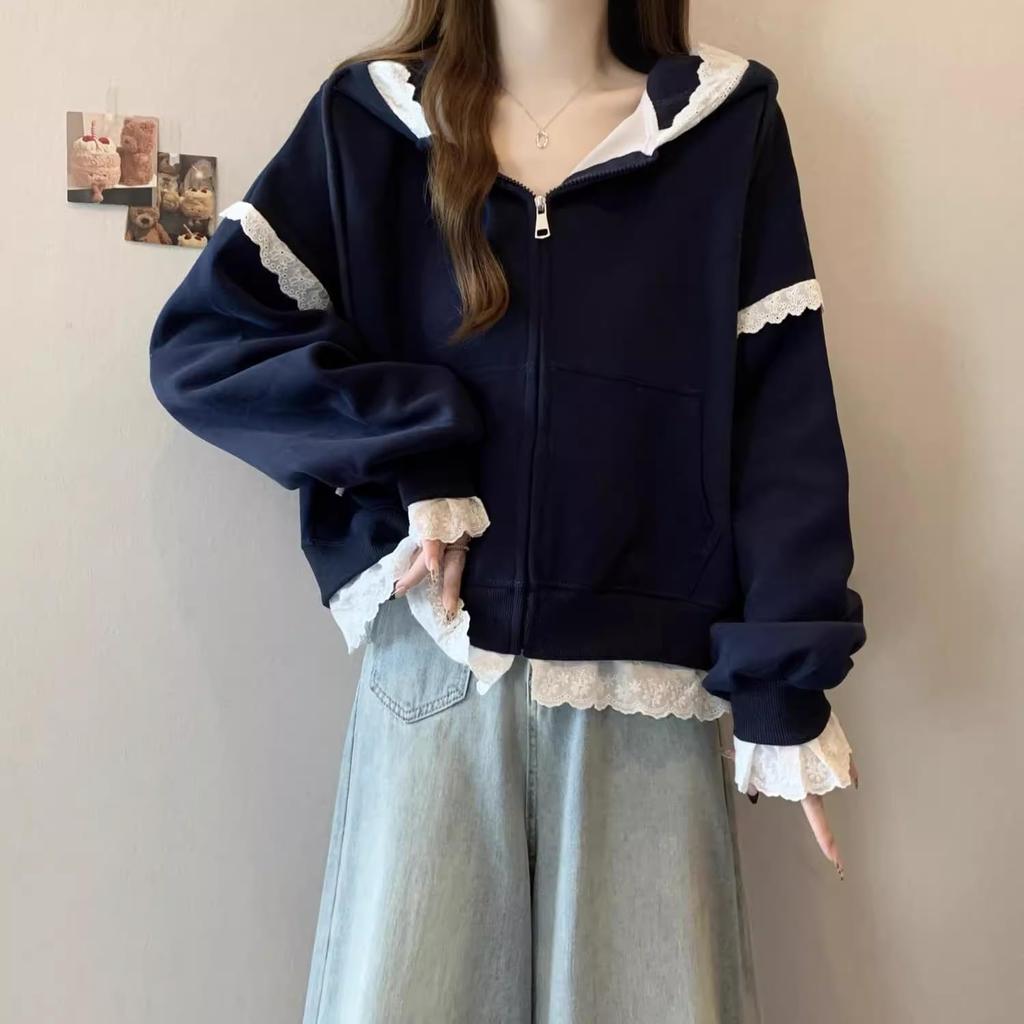 Inotenka Hoodie with Lace Flattering Slimming Loose Plus Long Solid Perfect for and Casual and Winter Women's Zip-Up Trim, Top, Outerwear, Fit, Cute,