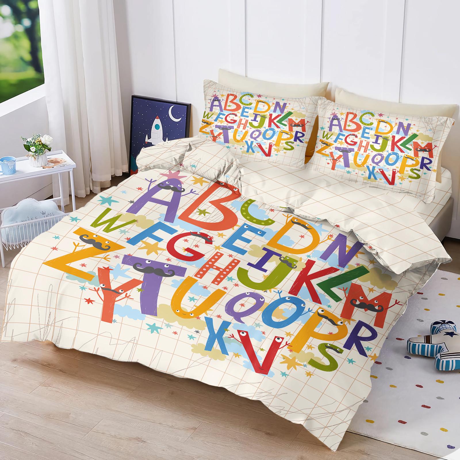 Engels Alfabet Dekbedovertrek Set Dubbelformaat, Meerkleurig Modern Kinderbeddengoed Set, Cartoon Kleurrijk Mode Kamer Decor Dekbedovertrek 150x200cm 3pcs
