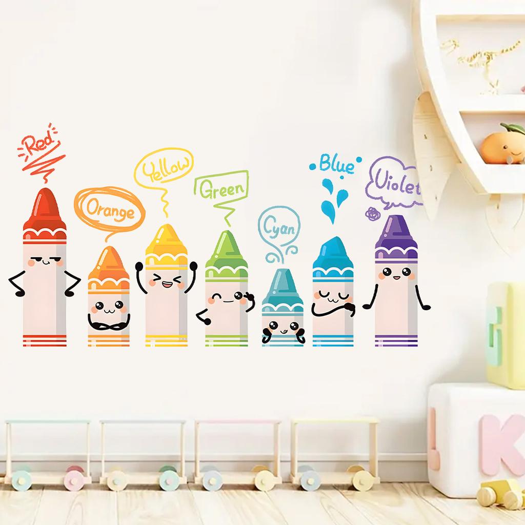 Cartoon Cute Colorful Crayon Pattern Wall Stickers for Kids Room Baby Nursery Bedroom Decoration Living Home Decor Wall Decals