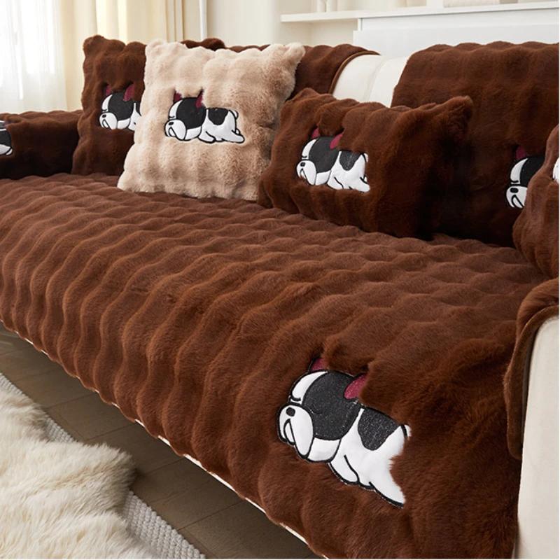 Plush Solid Color Sofa Cover Autumn Winter Thicken Sofa Cushion Anti-Slip Sofa Cover Cartoon Small Dog Embroidery Couch Cushion