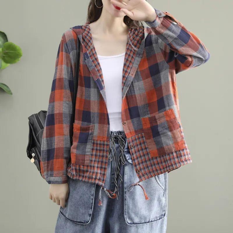 Artistic Retro Checkered Long Sleeved Shirt for Women Spring Autumn Drawstring Tied Casual Short Cardigan Jacket