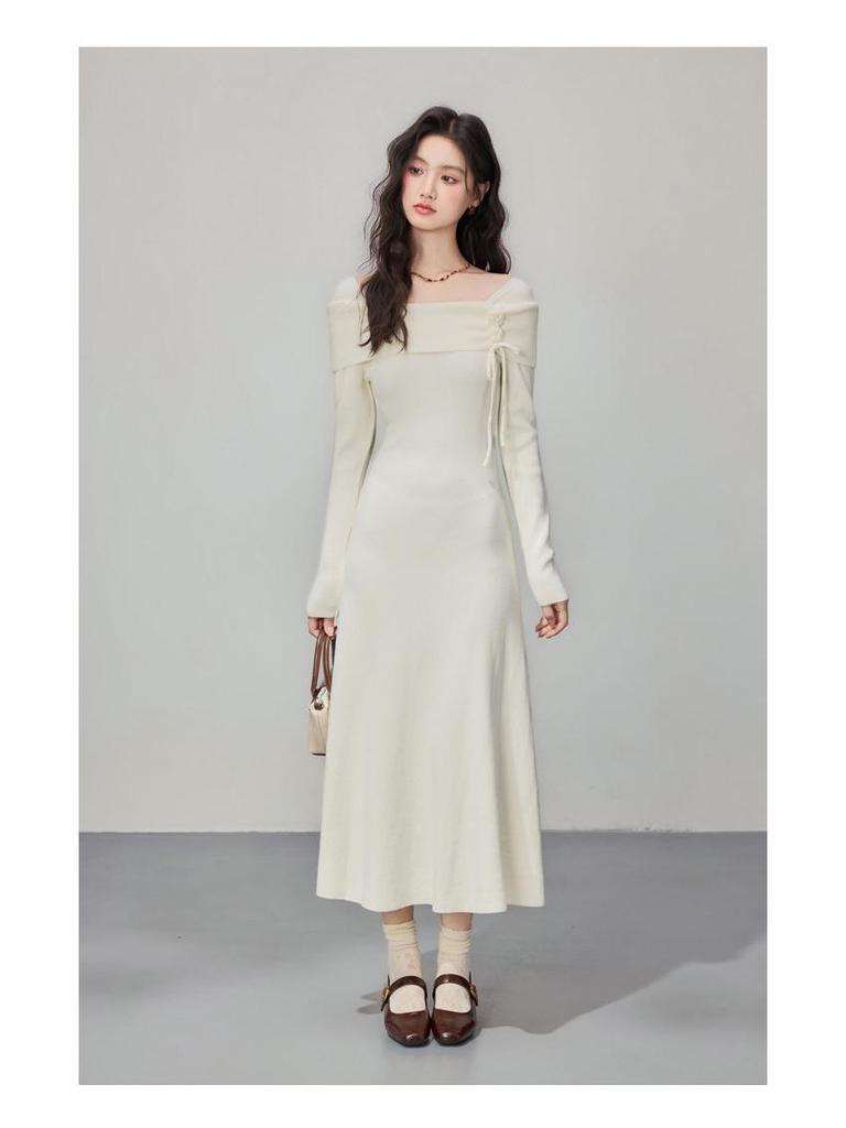 Korean Style Autumn Winter Knit Cinched Waist Slimming Long Dress for Ladies
