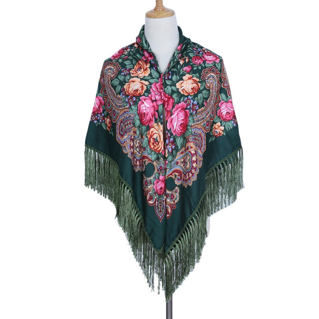 Ethnic Turban Head Wrap Scarf Women Vintage Travel Printed Tassel Shawl Outwear Printed Square Scarf