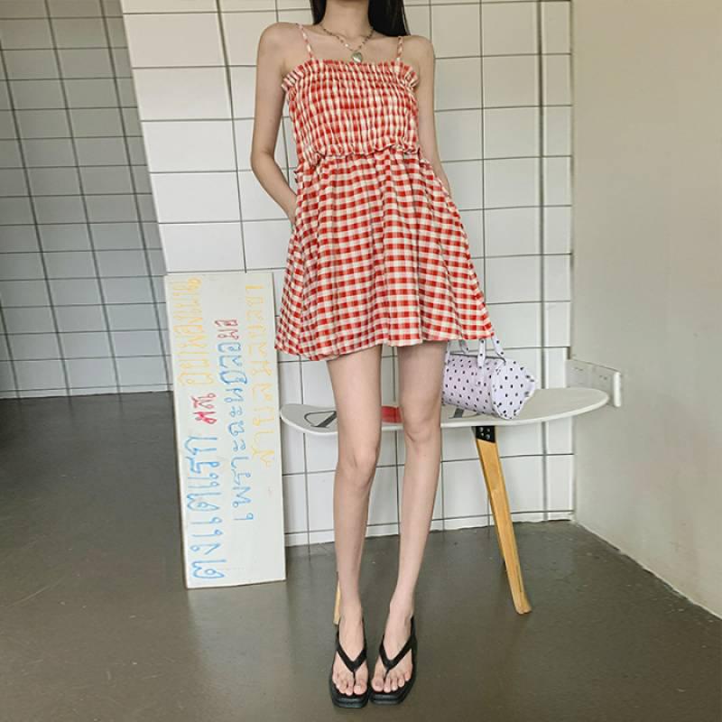Blue Plaid A-line Half-Skirt Strapless Vest Summer Dress M