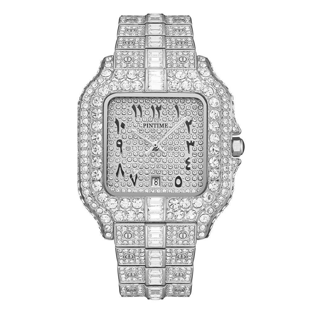 PINTIME Luxury Ice Out Watch For Man Fashion Roman Literal Watch Hip Hop Diamond Square Wrist Watch Men Gift A серебряный