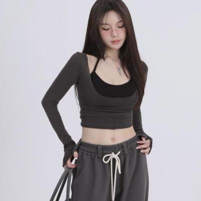 2KWEIRD Two Pieces Set Y2k Aesthetic Harajuku T-shirts Halter Long Sleeve Tee Shirts Femme All Match Spaghetti Stap Patchwork Top Women