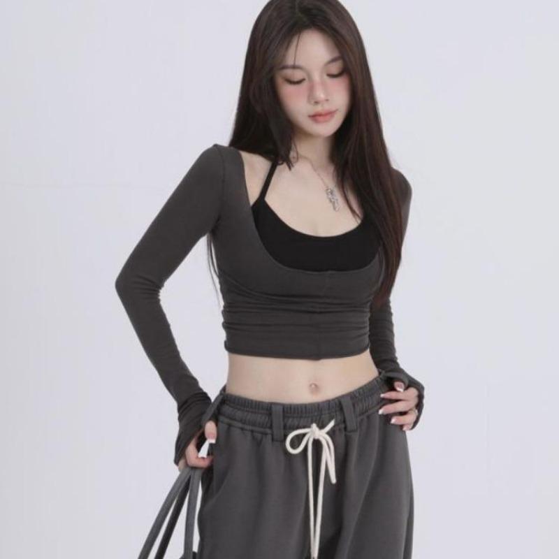 2KWEIRD Set Două Piese Estetică Y2k Harajuku Tricouri Halter Mânecă Lungă Tricouri Femme All Match Top Patchwork cu Bretele Spaghetti Femei