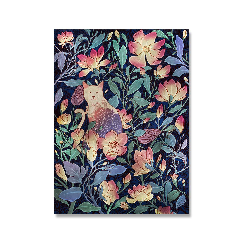 Vintage Cat Cartoon Animal Flower Plant Nordic Poster Wall Art Canvas Painting Wall Pictures For Living Room Home Decor Unframed