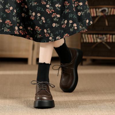 Leather Platform Loafers Women's 2024 New Velvet Student Versatile Muffin British Style Pork Kidney Small Leather Shoes