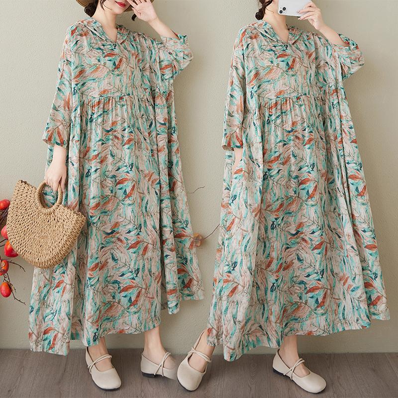 DIMANAF 2025 Sommer Damen Übergröße Langes Kleid Kapuzenpullover Plissee Floral Basic Lässig Locker Vintage Kleid Maxi