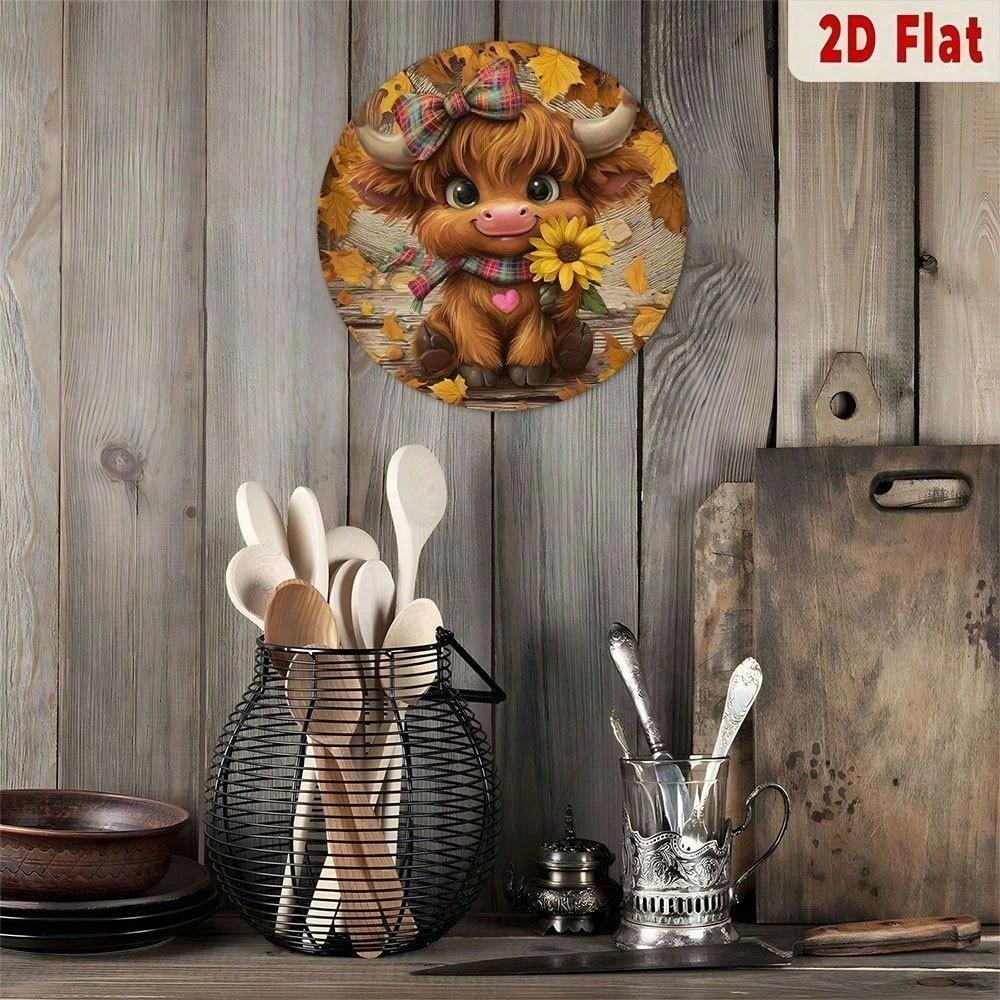 Cute Fluffy Cow Metal Sign with Sunflower Bow - 2D Farmhouse Wall Art Decor