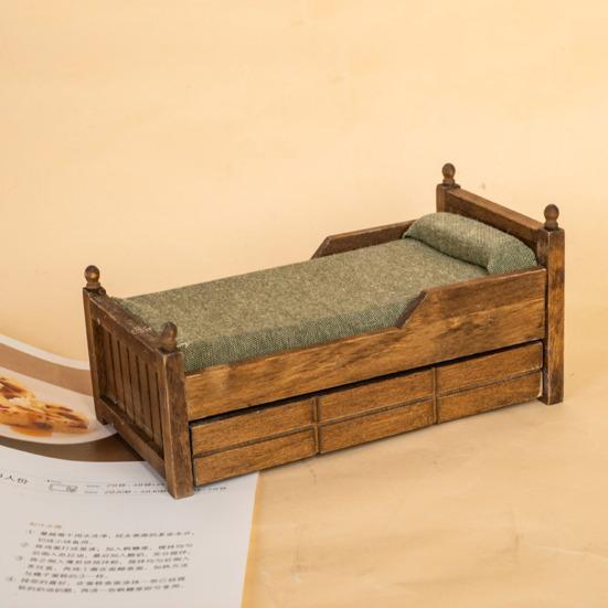 Miniature Single Bed 1:12 Scale Mini Bed with Drawer Retro Style Mini Bed Miniature Furniture for Dolls Kids Pretend Play
