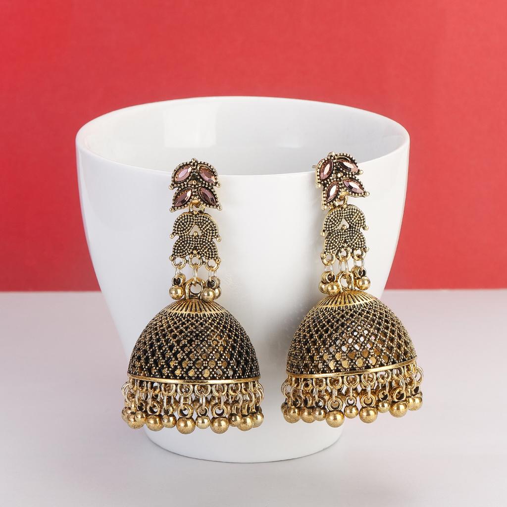Ethnic Gold Color Big Bell Dangle Earrings for Women Vintage Jewelry Pink Zircon Hollow Bells Carved Earrings Indian Earrings