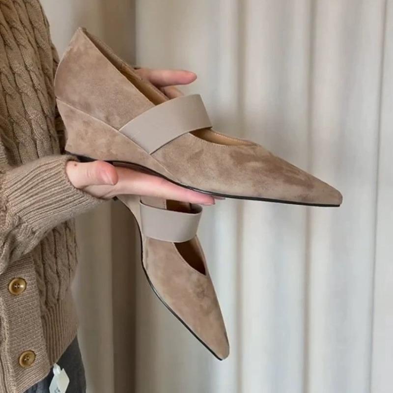 Versione in pelle di pecora~ Suede con temperamento francese, zeppa a punta, scollatura bassa, scarpe Mary Jane da donna, scarpe primaverili