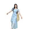 2026 French Summer Puff Sleeve Square Neck Long Dress with Irregular Waist and Pleated Design