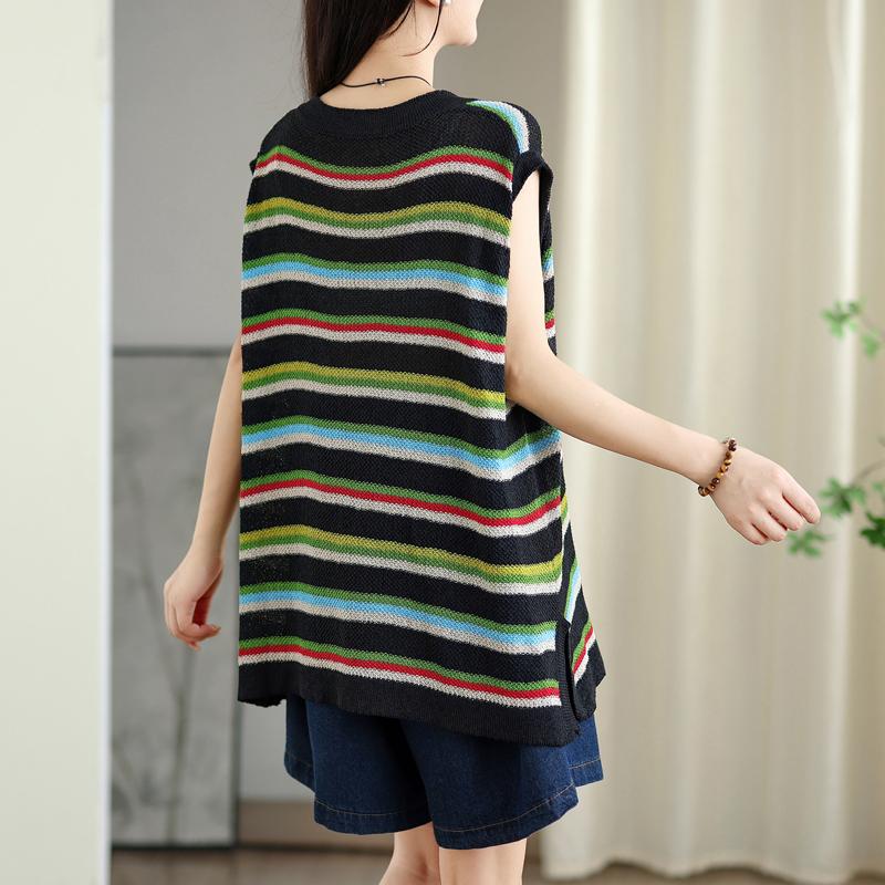 Dimanaf 2025 Summer Plus Size T-Shirt Knitting V-Neck Stripe Vintage Women Sleeveless Loose Tops Tees