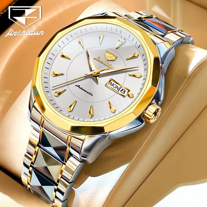 JINSHIDUN New Business and Leisure Men's Watch Automatic Mechanical Watch Tungsten Steel Double Calendar Luminous Waterproof High-end Watch