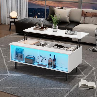 Mesa de Centro Ajustável em Altura 105 x 50 x 43 cm com Armazenamento Oculto, Luz LED, Área de Armazenamento e Exibição Feita de Vidro Temperado, Branca com 4 Pés
