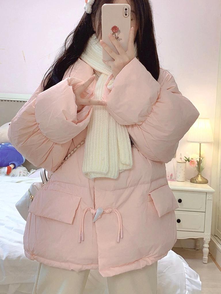 Women's Winter Korean Style Buckle Coat Cotton Padded Jacket with Fleece Lining