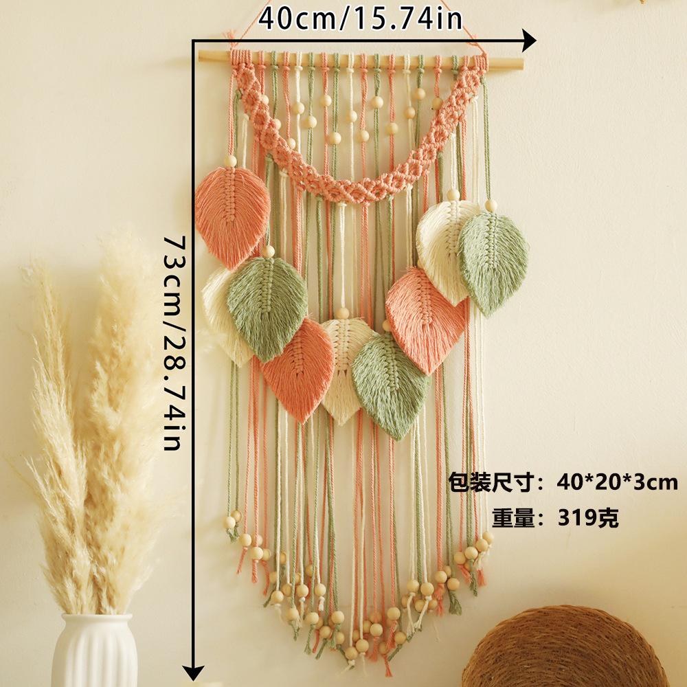 Handmade Cotton Thread Woven Wood Beads Leaf Tapestry Simple Home Bedroom B&B Wall Decoration