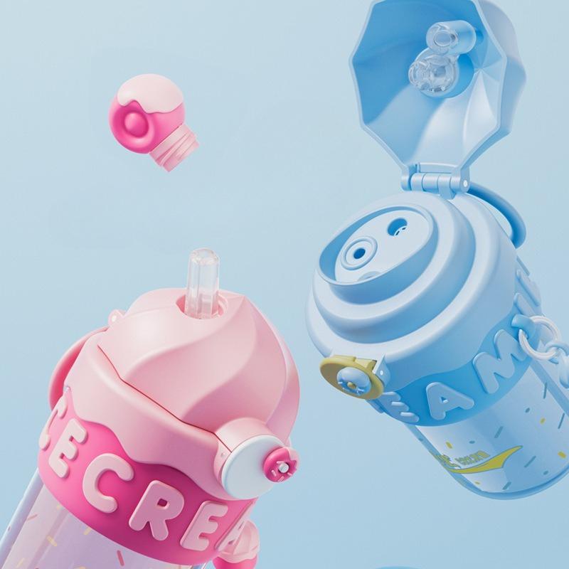 Cute Cartoon Plastic Water Cup, Double-drinking Straw Cup for Female Office Workers, Ice Cream Space Cup