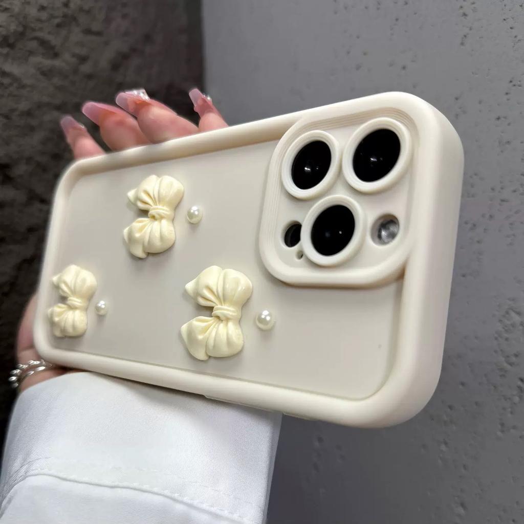 Cute 3D Bow Pearl Phone Case for iPhone 15 14 13 Pro Max Pink Shockproof Cover